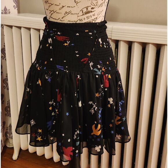 Maje Unique "Jiji Bird" Print Flowy Chiffon Skirt, Black-Multi, Sz (1 XS-S) - Picture 4 of 13